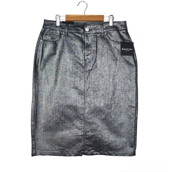 Baccini Silver Metallic Jean Skirt Denim Pencil Straight Stretch Skirt Size 8 - Picture 1 of 12